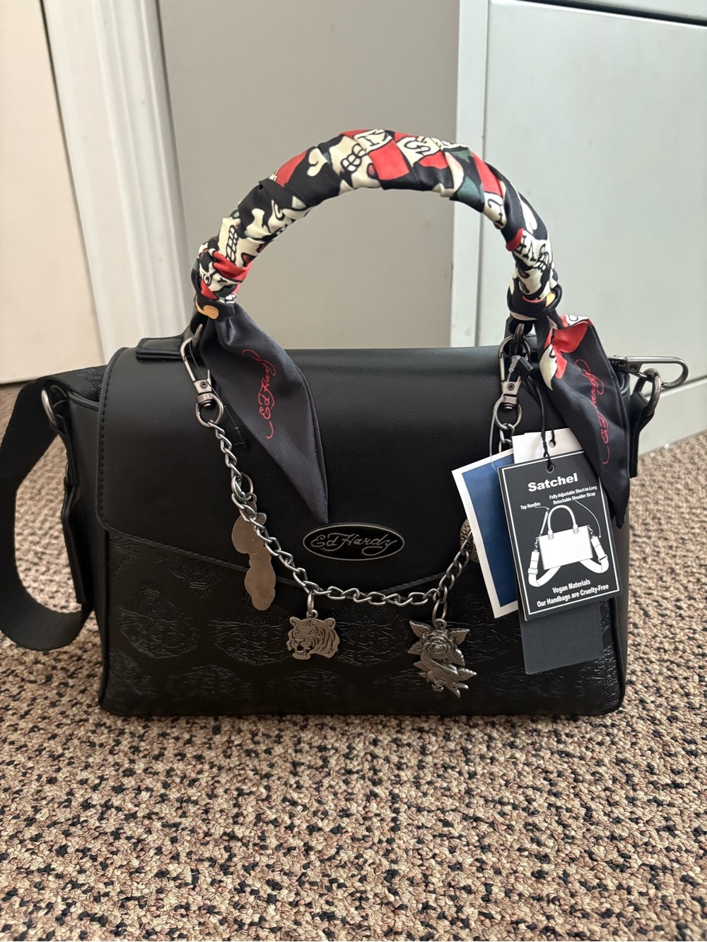 Ed Hardy Black Satchel with Red & Cream Scarf-Wrapped Handle